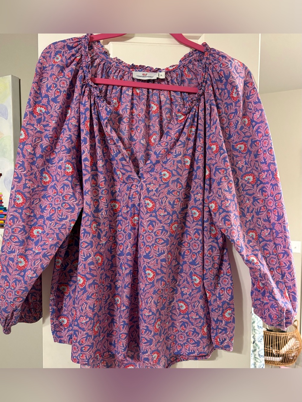 Vineyard Vines Izzy Popover Top Lavender Purple Floral Blouse XL